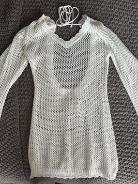 Beginning Boutique White Crochet Knit Long Sleeve Cover-Up Dress